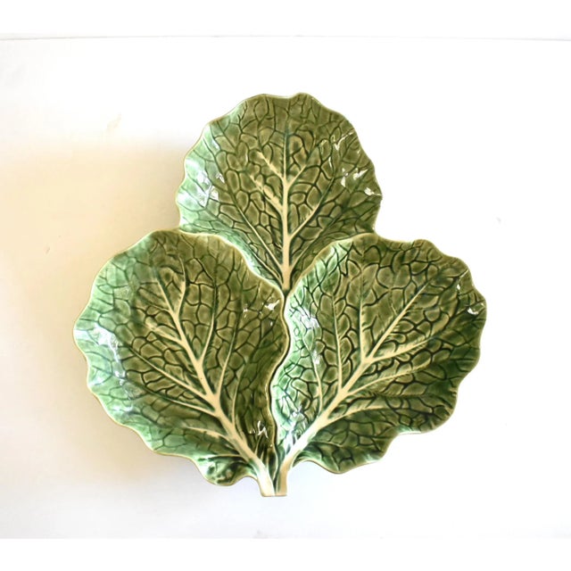 A vintage, Portuguese majolica pottery cabbageware or cabbage ware large serving dish with three sections, in trompe...