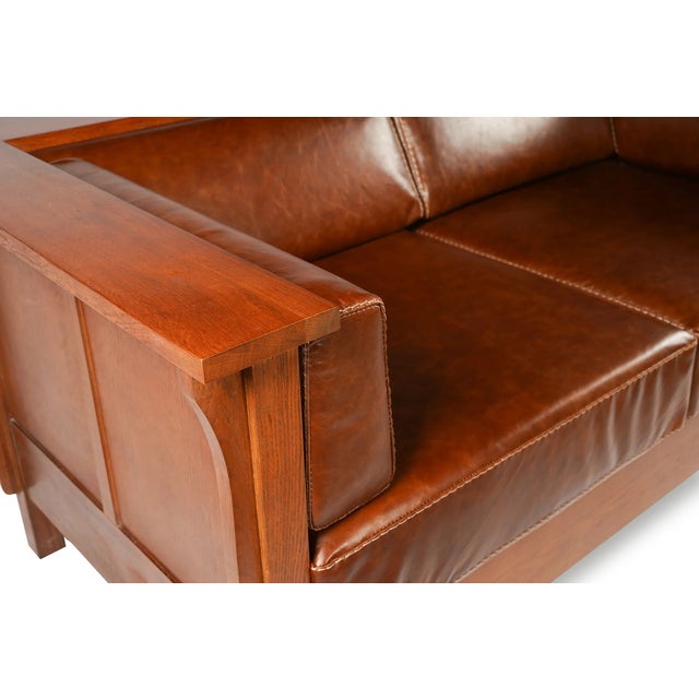 2020s Crafters and Weavers Arts and Crafts Craftsman Cubic Panel Side Love Seat in Chestnut Brown Leather For Sale - Image 5 of 5