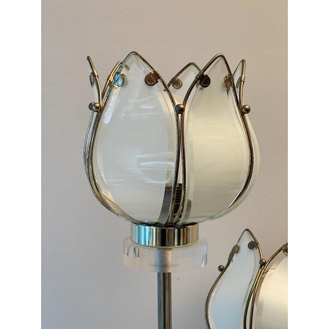 Metal 1991 Four-Light Lotus Bouquet Lamp in Beveled Glass For Sale - Image 7 of 10