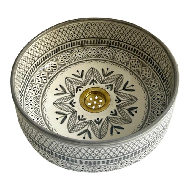 Gray Handcrafted Ceramic Pottery Round Vessel Washbasin Sink With Brass Drain For Sale