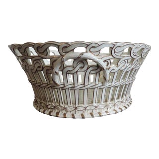 19th Century French Luneville Pottery Reticulated Centerpiece Basket Bowl in White & Gold For Sale