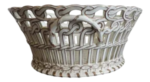 19th Century French Luneville Pottery Reticulated Centerpiece Basket Bowl in White & Gold