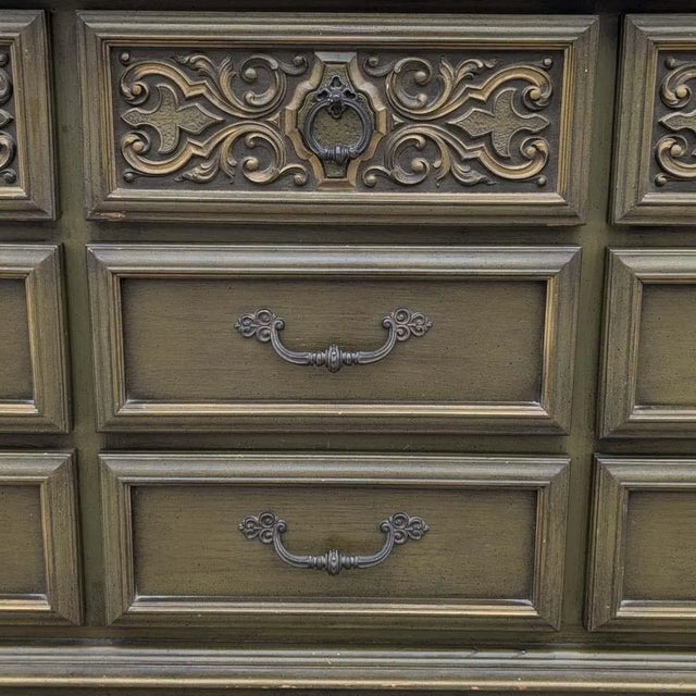 1970s Spanish Revival Carved Wood Nine-Drawer Lowboy Dresser in Olive Green For Sale - Image 9 of 10