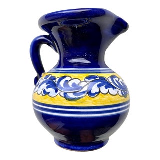 Vintage Hand Painted Spanish Ceramic Pitcher Hand Made in Seville Andalusia For Sale