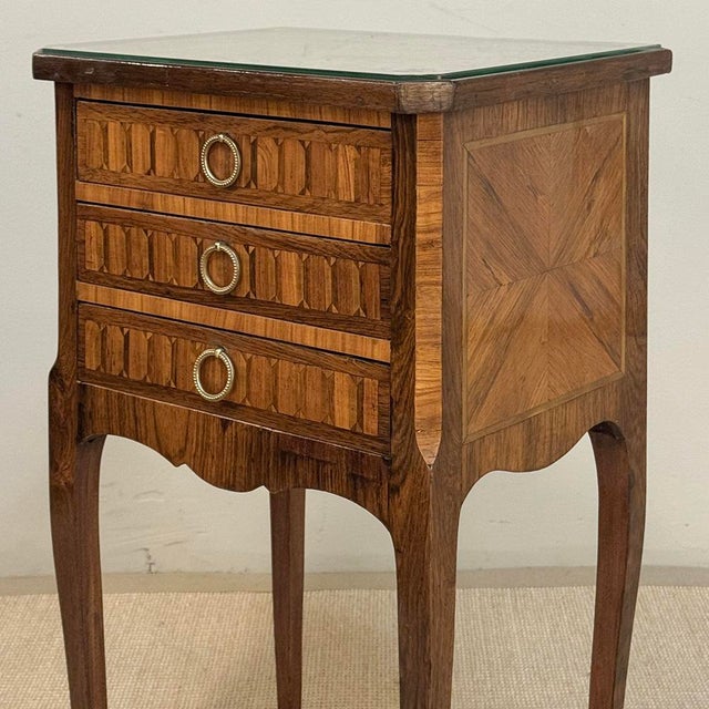 Pair of French Marble Top Marquetry Side Tables ~ Nightstands For Sale - Image 13 of 18