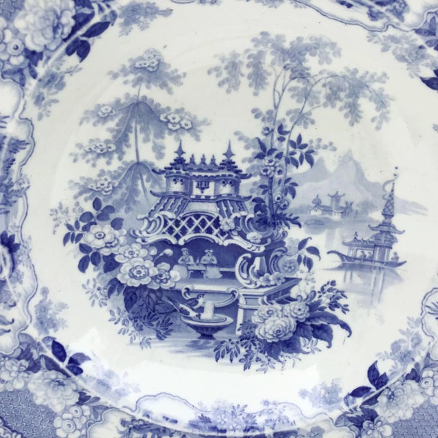 Chinoiserie Vintage Sicilian Pattern Blue and White Transfer Soup Plate by Pountey and Co, the Bristol Pottery For Sale - Image 3 of 7
