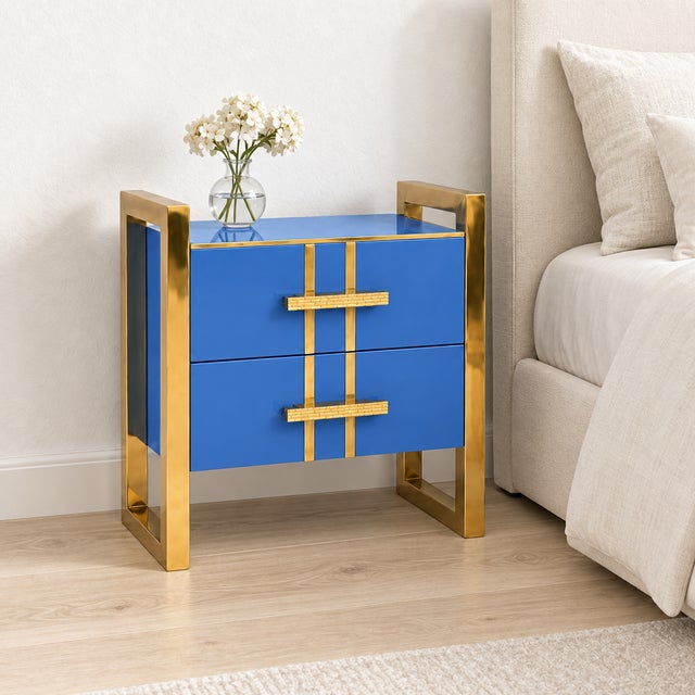 Cornflower Blue Glass Nightstands with Brass Frames and Drawers from Justfurnituress SRL, Set of 2 For Sale - Image 9 of 10
