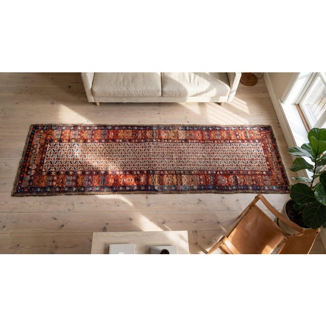 Ivory 1900s Ivory Geometric Tribal Antique W. Persian Kurdish Runner Rug 3'6" X 14'6" Handknotted Wool Carpet For Sale - Image 8 of 8