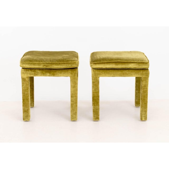 Pair of Parsons Style Green Velvet Upholstered Stools. 19.5" H x 18.25" W x 19" D. Provenance: From a New York City...