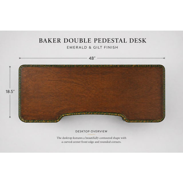 Wood Vintage Baker Double Pedestal Desk — Emerald & Gilt Accents, 48” Walnut Writing Desk For Sale - Image 7 of 10