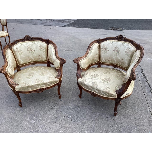 Wood Pair French Bergères Chairs W/Silk Upholstery For Sale - Image 7 of 9