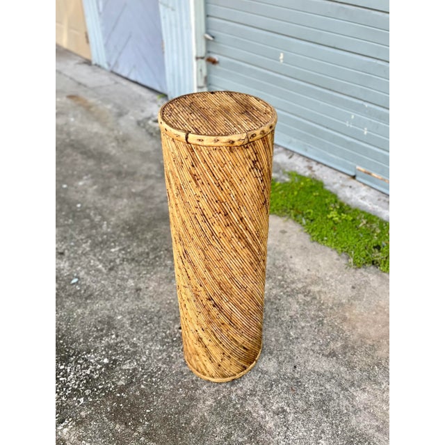 Boho Chic Tall + Lean Spiral-Wrapped Distressed Rattan Pedestal | Late 20th Century in the Style of Gabriela Crespi For Sale - Image 3 of 13