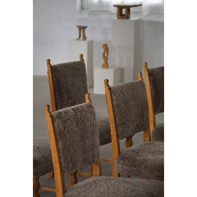 Brown Vintage Danish Dining Chairs in Oak and Lambswool by Henning Kjærnulf, 1950s, Set of 6 For Sale - Image 8 of 18