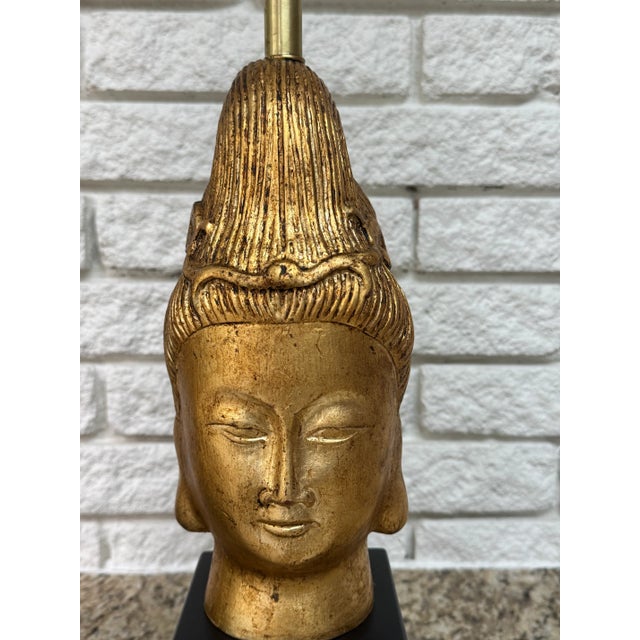 Pair of Mid Century Hollywood Regency Buddha Head Lamps in the Style of James Mont – Gold Leaf, Restored, 1960s For Sale In Houston - Image 6 of 7