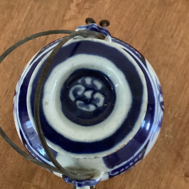 Wood Antique Chinese Export Blue & White Porcelain Teapot W/Wire Bail Handles Qing Dynasty Stamped on Wood Base For Sale - Image 7 of 12