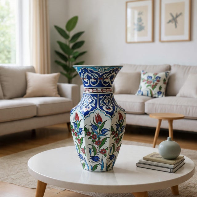 Traditional Handmade Ceramic Vase (25cm) Traditional Turkish Floral Art – Faceted Hexagonal Body with Cobalt Blue Rumi Motifs For Sale - Image 3 of 8