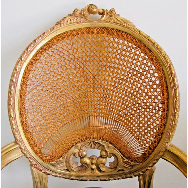 Tan 1940s French Louis XVI Style Fauteuil Chair Giltwood Frame Cane Oval Back Blue Fabric For Sale - Image 8 of 15