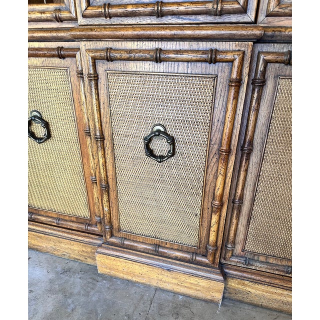 Vintage Coastal Faux Bamboo China Display Curio Cabinet Rattan Wood Glass For Sale - Image 14 of 16