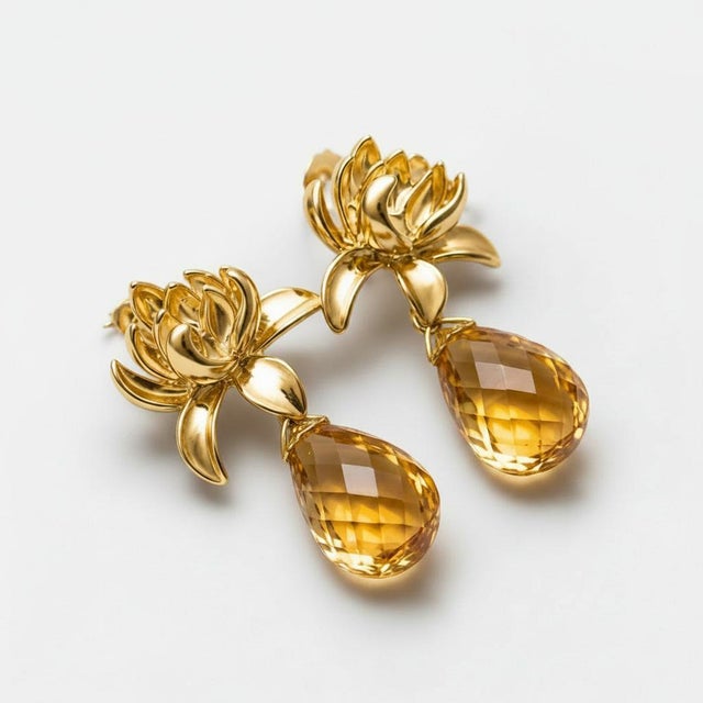 Metal Lotus Citrine Drop Earrings, Pair For Sale - Image 7 of 7