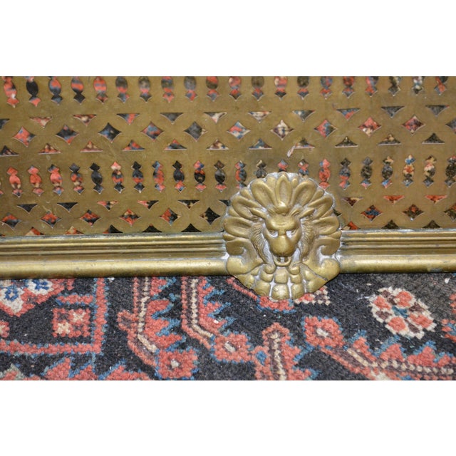 Antique English Reticulated Brass Curved Ends Fireplace Fender W/ Lion Faces For Sale - Image 4 of 16