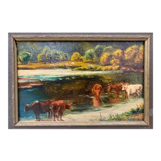 James McDougal Hart (1828-1901) "Cattle at Water's Edge" Original Painting C.1890s For Sale