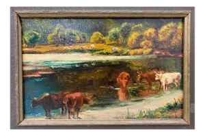 James McDougal Hart (1828-1901) "Cattle at Water's Edge" Original Painting C.1890s