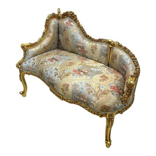 French Rococo-Style Sky Blue Settee – Floral Upholstery With Ornate Gold Leaf Carved Frame For Sale