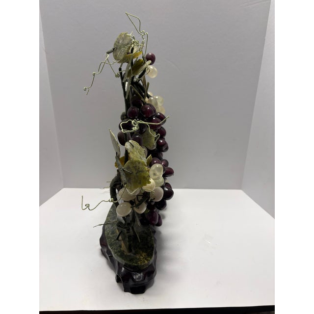Chinoiserie Vintage Chinoiserie Asian Hardstone Grape Vine Sculpture on Carved Wood Base Statement Sculpture For Sale - Image 3 of 12