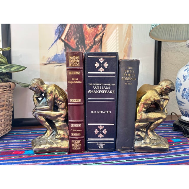 Art Deco Mid-Century Gold Rodin's "The Thinker" Bookends- A Pair For Sale - Image 3 of 7
