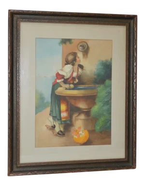 Early 20th Century Watercolor "Roman Girl at a Fountain" After Leon Bonnat