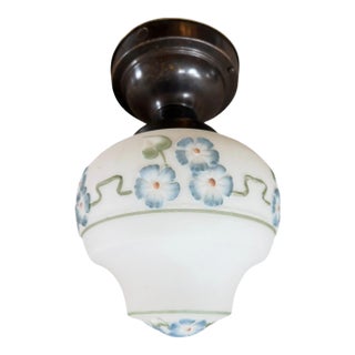 Antique Hand Painted Ceiling Flushmount Light Fixture With Blue Flowers For Sale