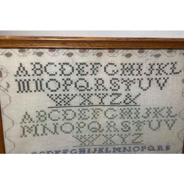 Antique 1800's Handmade Embroidered Linen Needlepoint Sampler 19th Century Art For Sale - Image 4 of 10