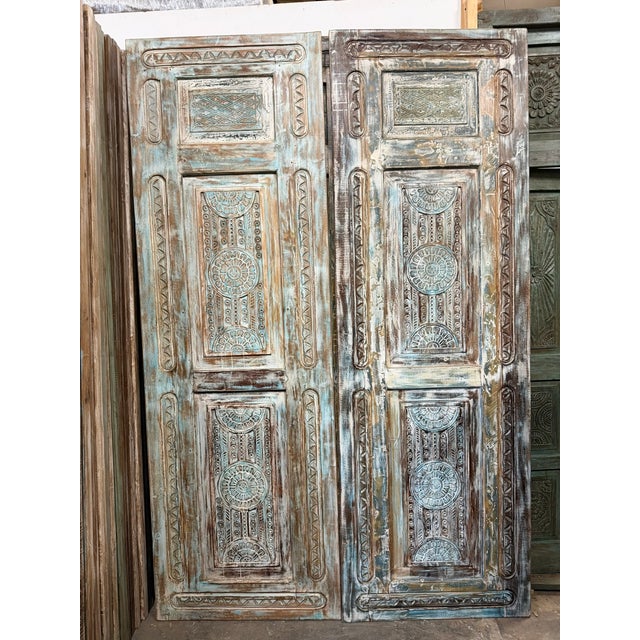Antique Carved Wooden Door in Distressed Blue | Floral Indian Bedroom Entry Doors 96x31.5 For Sale - Image 4 of 10