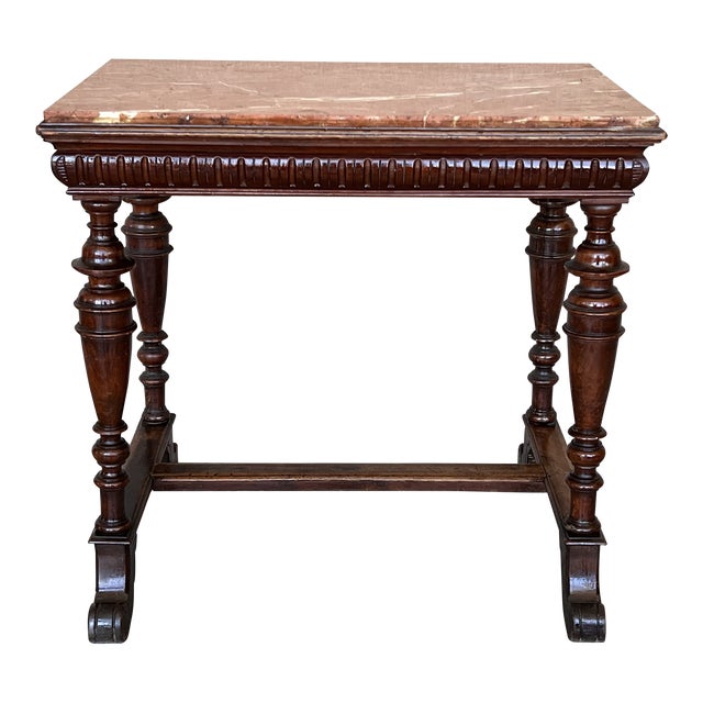 Italian 1800s Neoclassical Walnut Side Table With Marble Top and Carved Decor For Sale