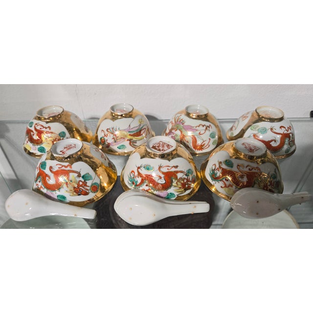 Jingdezhen Gold Gilt Dragon Phoenix Porcelain Set (14-Piece) – Mid-20th Century China For Sale - Image 10 of 13