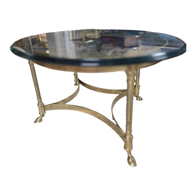Vintage Brass & Beveled Glass Oval Coffee Table With Hoof Feet For Sale