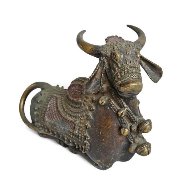 Antique brass Nandi bull figure from India. Beautiful aged patina and coloring. Symbolic traditional intricate decorative...