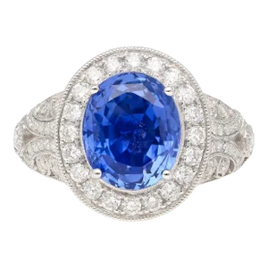 No Heat 4.79 Carat Violetish-Blue Ceylon Sapphire with Diamonds in 18K Gold Ring, Size 6