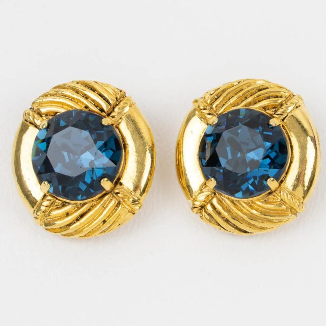 Sonia Rykiel Sonia Rykiel Clip Earrings Gilded Metal and Blue Crystal Rhinestones For Sale - Image 4 of 7