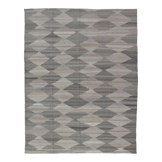 Grey, Lt Green Hand Woven Flat-Weave Kilim Rug by Keivan Woven Arts 8'10 X 12'0 For Sale
