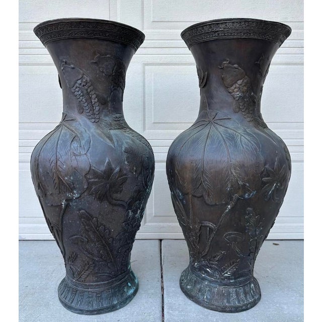 Monumental Pair Japanese Meiji Period Bronze Floor Vases – Koi, Lotus & Lily Pads – 36” Baluster Form Description: An...