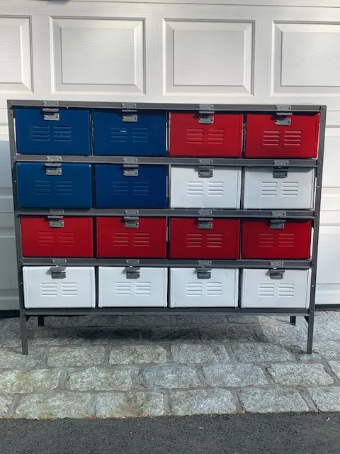 red locker dresser Pottery Barn Teen Metal Full Size Bedroom 6-Pieces Set Locker Collection