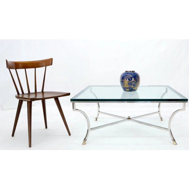 Square Chrome and Brass Hoof Feet Base Coffee Table Thick Glass Top For Sale - Image 11 of 12