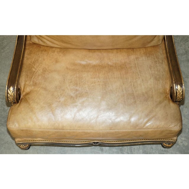 Set of Large Vintage Italian Brown Leather & Giltwood Throne Armchair & Footstool For Sale - Image 14 of 18