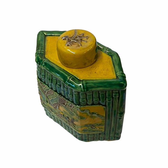 Chinese Yellow Green Scenery Theme Rhombus Ceramic Jar For Sale - Image 4 of 6
