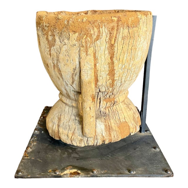 Antique Hand Carved Wood Mortar on Display Stand For Sale