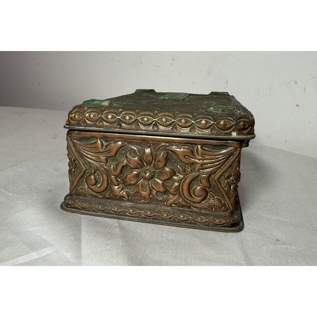 Jade Antique 19th Century Hand Tooled Copper Carved Jade Stone Wood Cigarette Box For Sale - Image 8 of 13