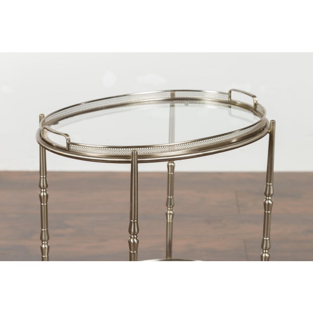 Italian Oval Midcentury Steel Trolley with Pierced Gallery and Mirrored Shelves For Sale - Image 10 of 12