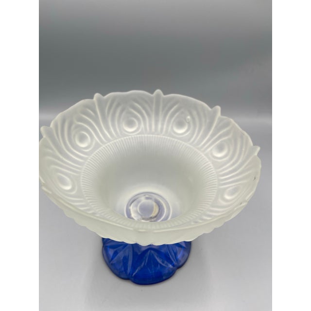 Vintage Frosted Glass Pedestal Bowl With Cobalt Blue Base For Sale - Image 6 of 6