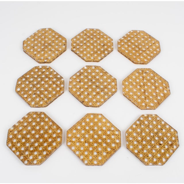 1970s Christian Dior Collection Lucite and Rattan Cocktail Coasters Set - 9 pieces For Sale In Atlanta - Image 6 of 10
